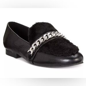 Kenneth Cole New York Womens Wilda Black Flats loafers faux fur chunky chain 7.5